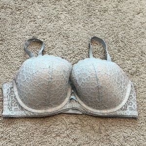 Pale blue with beige cream under floral lace lined Demi bra 36DD